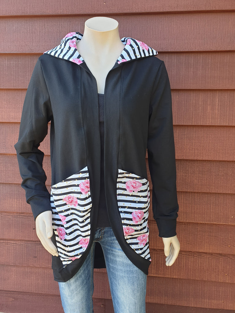 Black - rose Longline Hooded Cardi