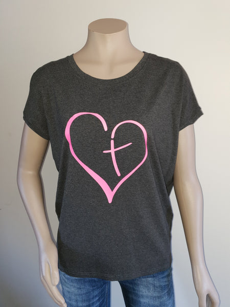 Charcoal Tee with Pink Print