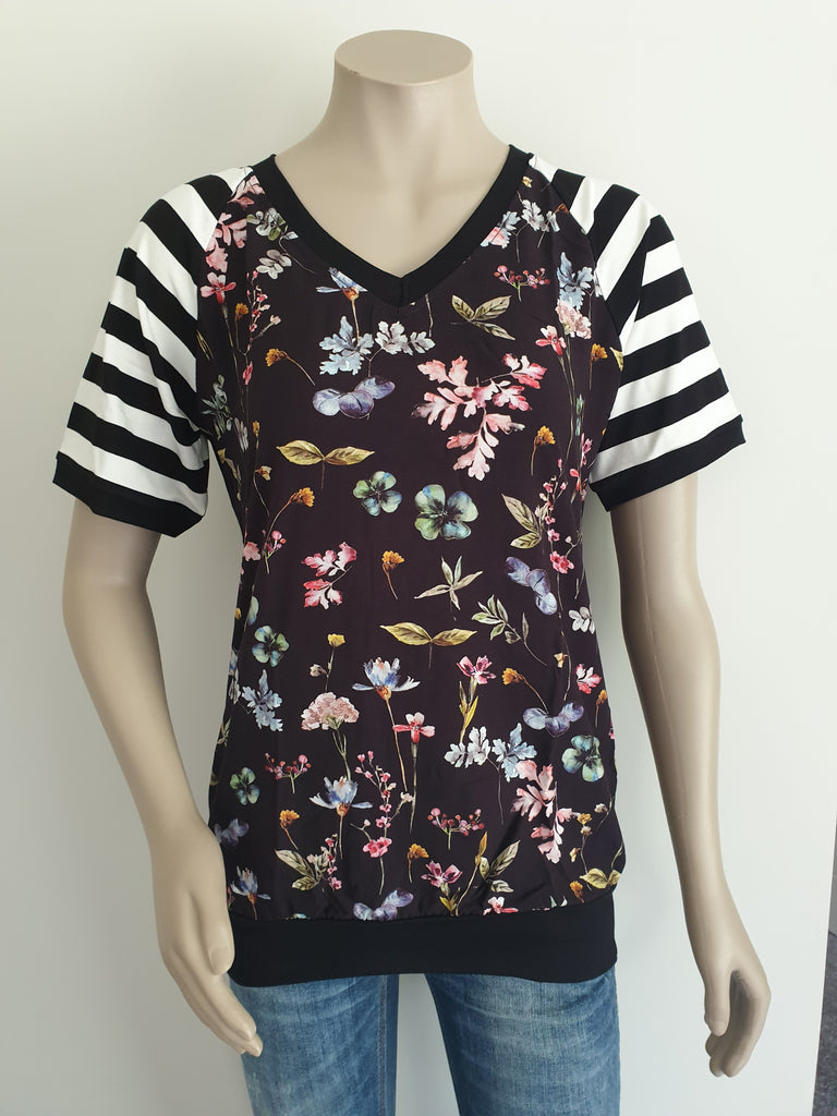 Black Floral Stripe Top