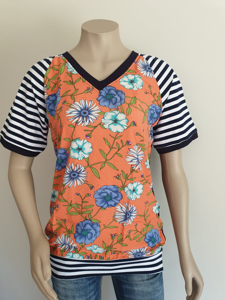 Orange  Floral Stripe Top