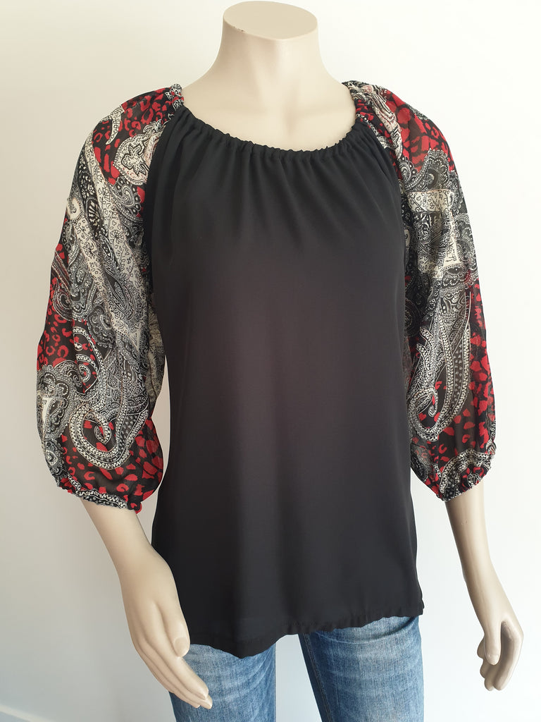 Red & Black Print Top