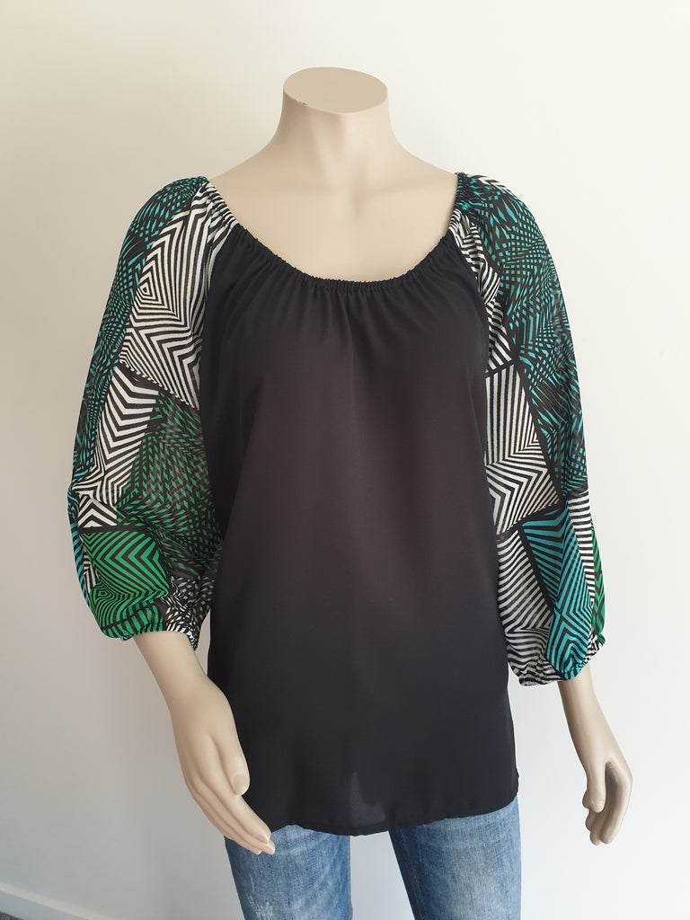 Green & Black Print Top