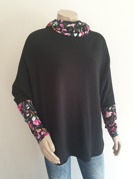 Black Merino Floral Hooded  Poncho
