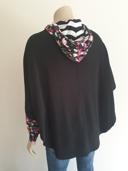 Black Merino Floral Hooded  Poncho
