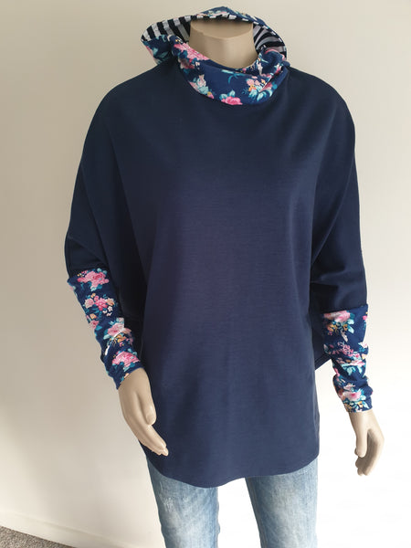 Navy Merino Floral Hooded  Poncho 1