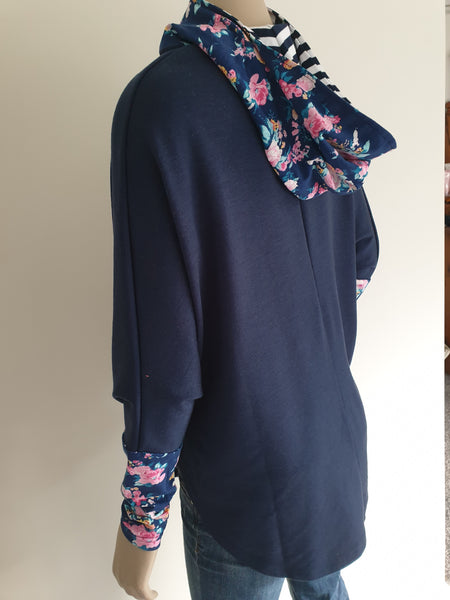 Navy Merino Floral Hooded  Poncho 1