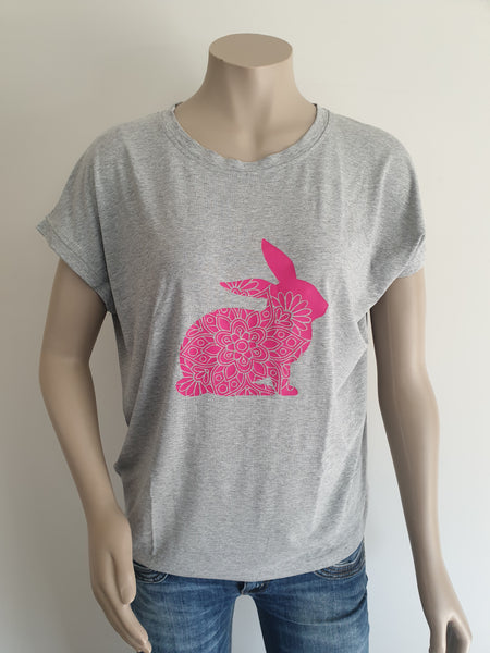 Grey Marl Tee with Pink Print