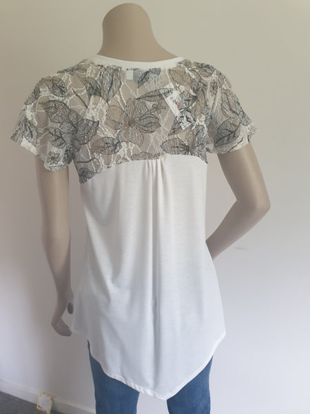 Cream & Black V Neck Knit & Lace Top