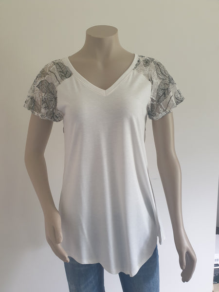 Cream & Black V Neck Knit & Lace Top