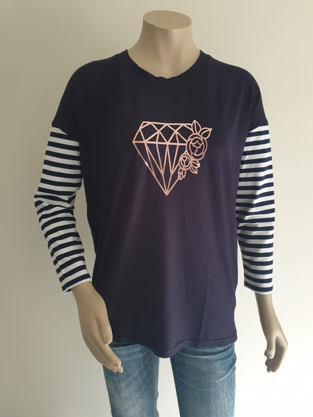 Navy / Rose Gold Print Long Sleeve Stripe Tee