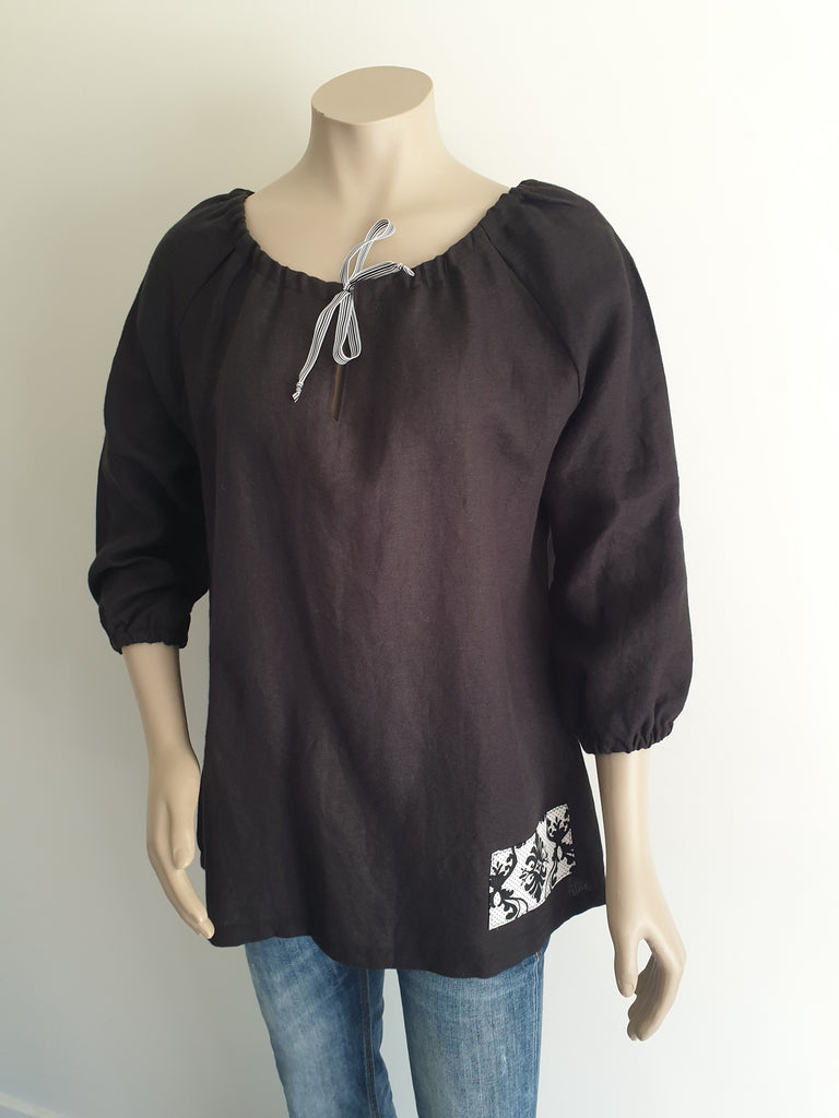 Black Linen Peasant Top
