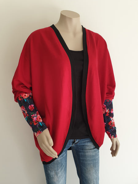 Red & Black Merino  Floral Print  Cardi