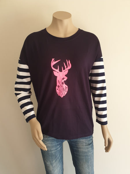 Vinyl Print Long Sleeve Stripe Tee - Navy & Pink