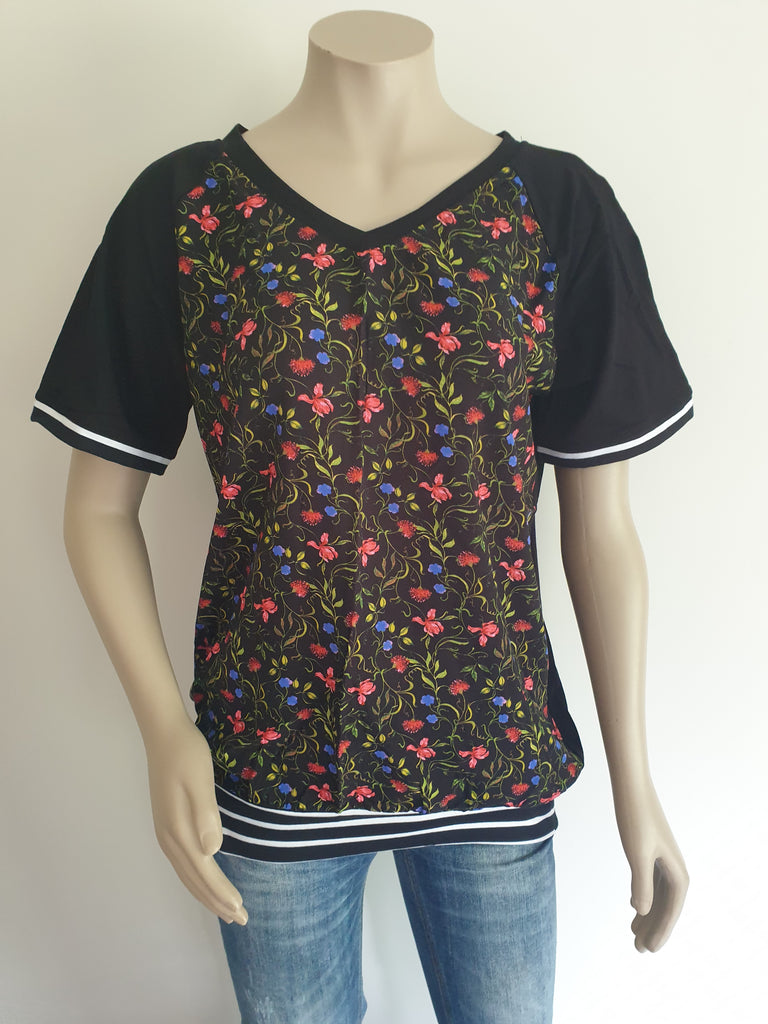 Black & Pink Floral V Top