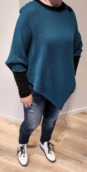 Teal Textured Merino Poncho With Sleeve