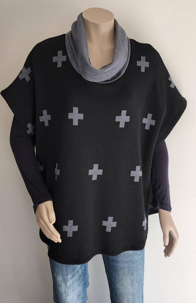 Double Knit Merino Black / Charcoal Cross Poncho