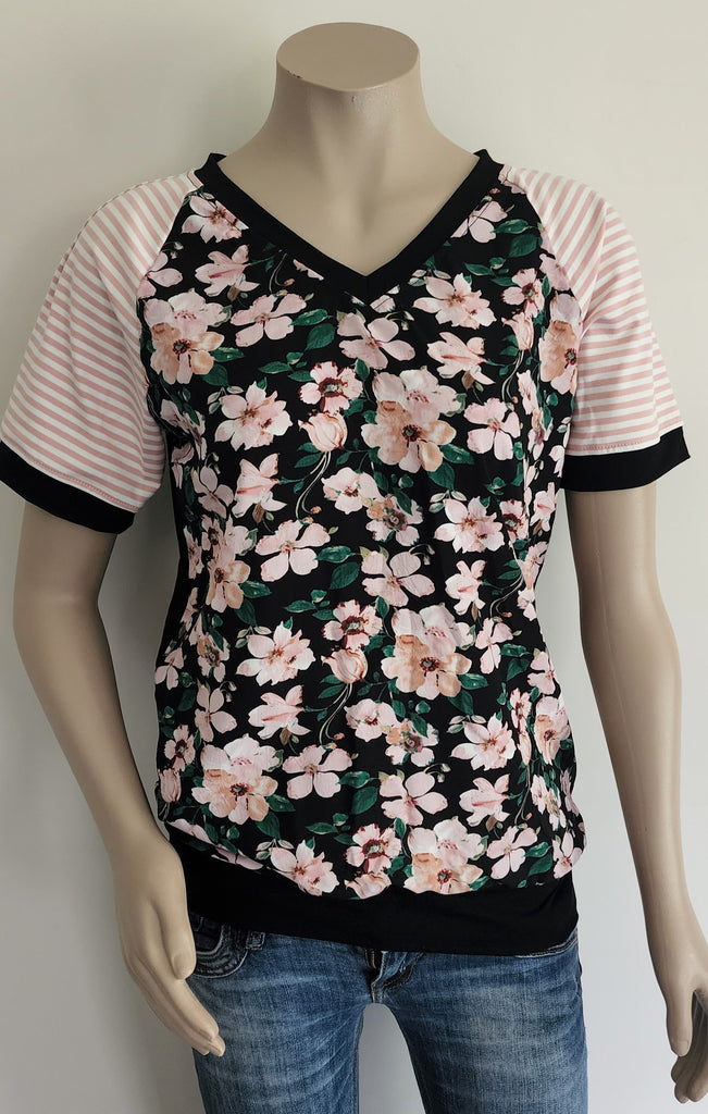 Pink & Black Floral Stripe V Top