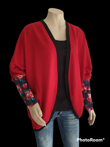 Red & Black Merino  Floral Print  Cardi