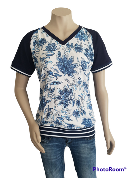 White & Navy Print Top