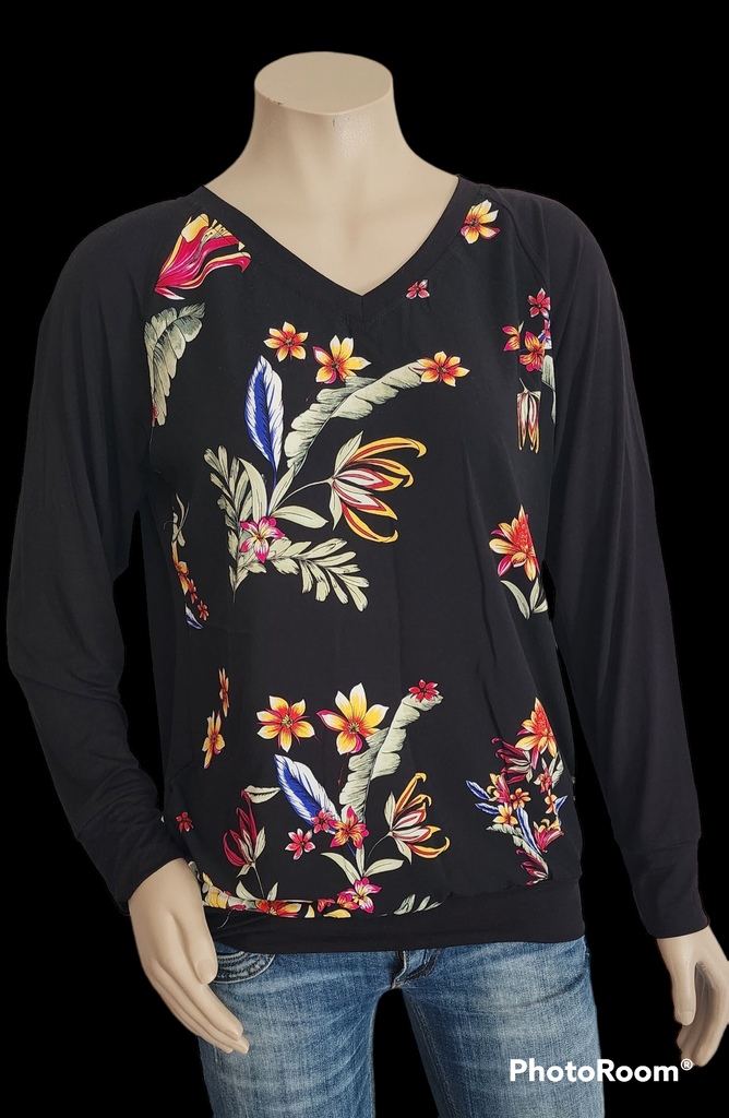Black Flora Rayon V Neck Top