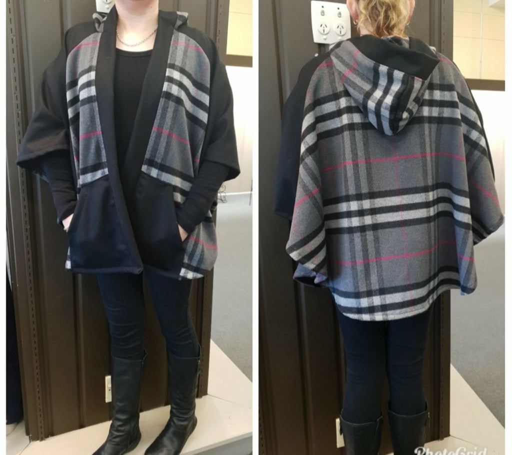 Hooded Wool Cape - Grey / Pink / Black