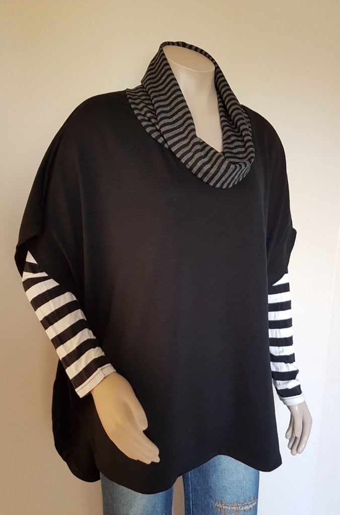 Black Ponte  Merino Stripe Cowl Neck Poncho