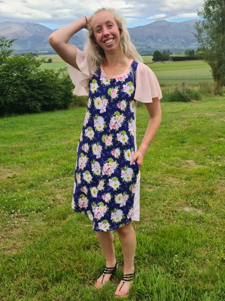 Navy Blush Stripe Flutter Sleeve Dress